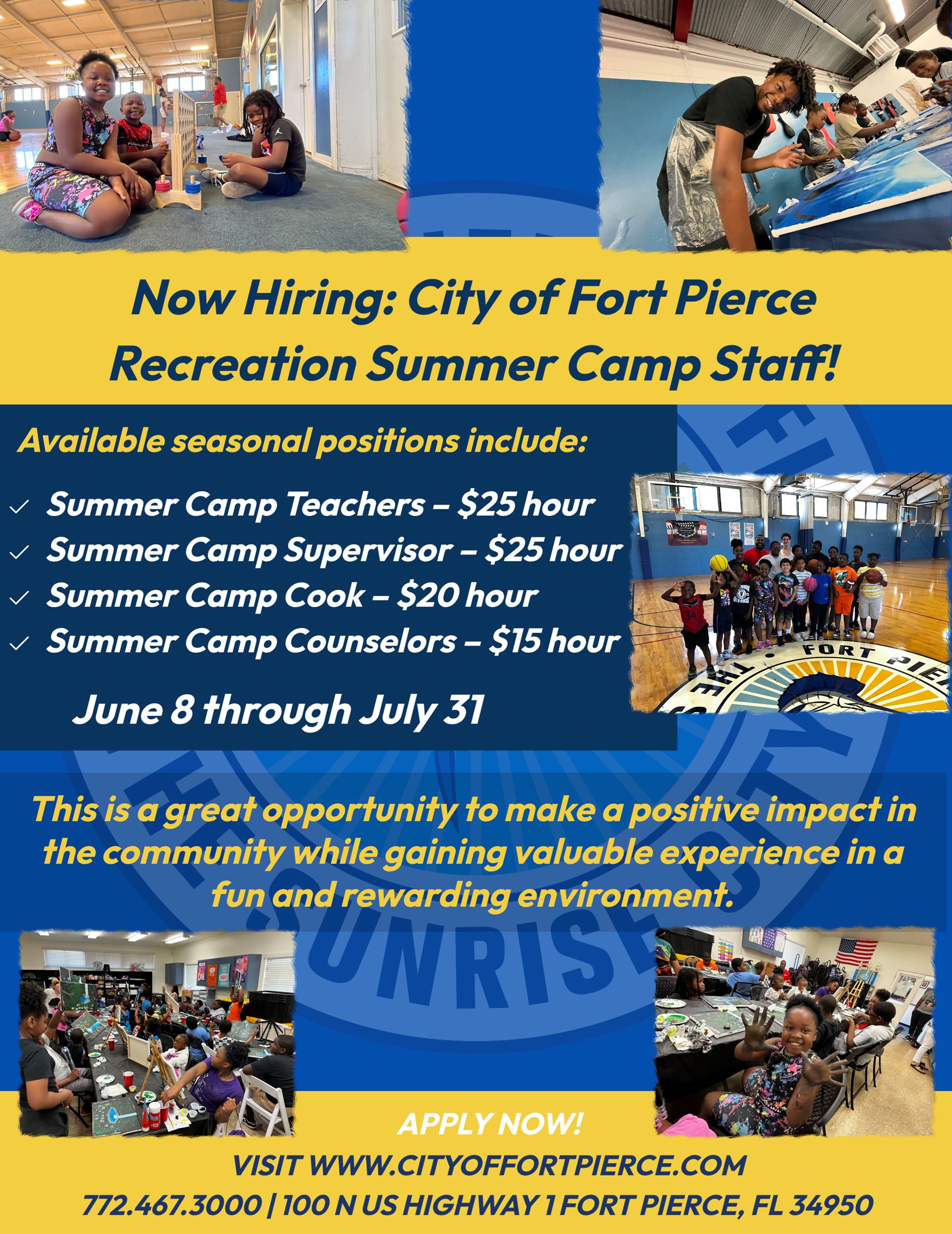 Now Hiring: City of Fort Pierce Recreation Summer Camp Staff Flyer